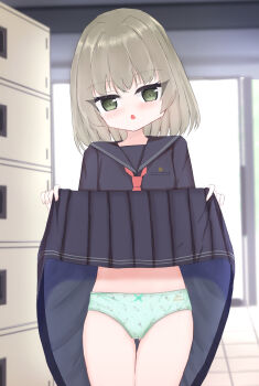 1girl black_shirt black_skirt blush bow bow_panties breast_pocket brown_hair clothes_lift clothes_writing crotch_seam door flat_chest food_print green_bow green_eyes green_panties ice_cream_print locker locker_room loli long_sleeves looking_at_viewer necktie open_mouth original panties pocket polka_dot polka_dot_panties print_panties red_necktie school_uniform shirt shooko short_hair skirt skirt_lift standing underwear