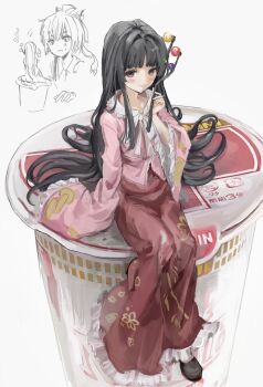 absurdres black_hair cup_ramen dango food fujiwara_no_mokou hair_ornament highres houraisan_kaguya japanese_clothes kimono long_hair parody pink_kimono sesmkun sitting sketch touhou wagashi