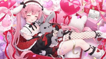 1girl amatsuka_eru animal_ear_hairband animal_ears balloon birthday black_bow black_bowtie black_jacket bow bowtie brooch calendar_(object) closed_eyes confetti earrings facing_viewer fake_animal_ears frilled_hairband frilled_skirt frills hair_ornament hairband hairclip heart heart_balloon heart_brooch highres in_container indie_virtual_youtuber jacket jewelry long_hair miniskirt pink_hair plaid_clothes plaid_skirt rabbit_ear_hairband rabbit_ears red_skirt ribbon second-party_source shano_hiyori single_fishnet_legwear skirt smile solo stuffed_animal stuffed_rabbit stuffed_toy twintails two-sided_fabric two-sided_jacket virtual_youtuber white_hairband