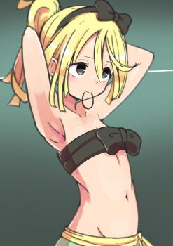 1girl armpits arms_behind_head bare_shoulders black_eyes black_hairband black_tube_top blonde_hair blush closed_mouth collarbone dot_nose dressing female_focus flat_chest from_side gradient_background green_background green_skirt hairband kunoichi_tsubaki_no_mune_no_uchi looking_ahead lowleg lowleg_skirt medium_hair mellow_yellow_(my_kakukaku) petite ponytail serious side_ponytail simple_background skirt solo strapless tanpopo_(kunoichi_tsubaki_no_mune_no_uchi) tube_top