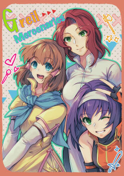 Rule 34 | 3girls, ahoge, aqua eyes, bare shoulders, breasts, brown hair, commentary request, dress, elbow gloves, english text, fingerless gloves, fire emblem, fire emblem: path of radiance, gloves, green eyes, grin, hairband, highres, long hair, looking at viewer, medium breasts, mia (fire emblem), mist (fire emblem), mist (path of radiance) (fire emblem), mochi88543, multiple girls, nintendo, one eye closed, purple hair, red hair, shirt, short hair, short sleeves, sleeveless, smile, titania (fire emblem), v, white gloves, white hairband, white shirt, yellow dress