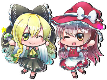 Rule 34 | 2girls, :d, alternate costume, apron, arms up, ascot, black bow, black shirt, black shoes, black skirt, bow, brown eyes, brown hair, buttons, chibi, chibi only, closed mouth, collared shirt, commentary request, cosplay, costume switch, detached sleeves, drop shadow, frilled apron, frilled hair tubes, frills, gohei, hair bow, hair tubes, hakurei reimu, hat, hat bow, holding, holding gohei, holding mushroom, kirisame marisa, long hair, long sleeves, multiple girls, mushroom, nanai07, nontraditional miko, one eye closed, open mouth, outline, red hat, red shoes, red skirt, red vest, shirt, shoes, simple background, skirt, sleeveless, sleeveless shirt, smile, standing, standing on one leg, star (symbol), touhou, turtleneck, turtleneck shirt, vest, white apron, white background, white bow, white outline, white shirt, wide sleeves, witch hat, yellow ascot, yellow eyes