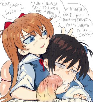 1girl 2boys age_difference black_hair blue_eyes bunny_ears_prank cooperative_fellatio cum cum_in_mouth english_text fellatio forced_feminization group_sex hand_on_another&#039;s_head highres ikari_shinji interface_headset_(evangelion) irrumatio looking_at_viewer mmf_threesome multiple_boys neon_genesis_evangelion oral orange_hair penis pov pov_crotch souryuu_asuka_langley speech_bubble t045t33r teamwork_(sexual) threesome uncensored