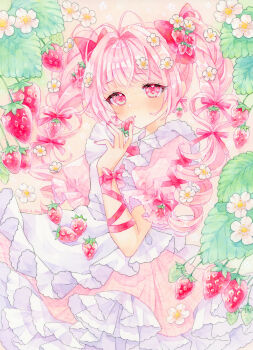 Rule 34 | 1girl, absurdres, amu (m aa), antenna hair, apron, arm ribbon, artist name, blush, bow, braid, braided twintails, cowboy shot, dated, dot nose, dress, flower, food, frilled apron, frilled dress, frills, fruit, hair bow, hair flower, hair ornament, highres, long hair, original, painting (medium), parted lips, pink background, pink hair, plaid clothes, plaid dress, red bow, red eyes, red ribbon, ribbon, sidelocks, signature, simple background, solo, strawberry, traditional media, twintails, watercolor (medium), white apron