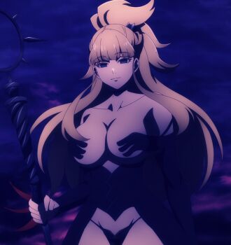 1girl anime_screenshot bare_shoulders black_choker black_eyes blonge_hair breasts choker cleavage collarbone corruption detached_sleeves empty_eyes highres holding holding_staff kekkon_yubiwa_monogatari large_breasts lips long_hair long_sleeves nonaka_himeno panties revealing_clothes smile staff stitched thighs third-party_edit underwear