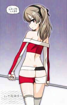 1girl ass back black_hairband blush brown_eyes brown_hair closed_mouth commentary_request from_behind girls_und_panzer gradient_background grey_background hair_between_eyes hairband holding long_hair long_sleeves off-shoulder_shirt off_shoulder one_side_up oosaka_kanagawa purple_background race_queen red_shirt shimada_arisu shirt sleeves_past_wrists small_sweatdrop solo sweat thighhighs translation_request watermark white_thighhighs