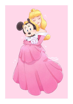 2girls absurdres animal_ears aurora_(disney) blonde_hair commentary company_connection disney dress furry furry_female highres hug jewelry long_hair long_sleeves looking_at_viewer mickey_mouse_&amp;_friends minnie_mouse mouse_ears mouse_girl mouse_tail multiple_girls pink_background princess simple_background sleeping_beauty_(disney) smile tail takatmaorange tiara