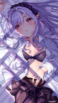 Rule 34 | 1girl, absurdres, artist name, black bra, blush, bow, bra, breasts, brown skirt, collared shirt, commentary request, cowboy shot, dress shirt, hair bow, highres, long hair, long sleeves, looking at viewer, lying, mole, mole under eye, on back, open clothes, open shirt, pantyhose, parted lips, pink eyes, pointy ears, purple bow, purple hair, purple nails, shirt, skirt, small breasts, solo, togo uzuki, underwear, vivian banshee, white shirt, zenless zone zero