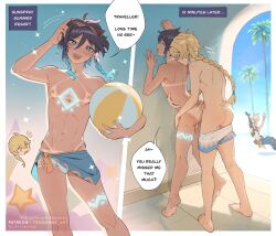 3boys absurdres aether_(genshin_impact) anal ass ball beachball bennett_(adventures_in_blazing_hue)_(genshin_impact) bennett_(genshin_impact) bikini_tan blonde_hair blush braid braided_ponytail bulge closed_eyes completely_nude earrings english_text frogzone_art genshin_impact green_eyes green_hair highres jewelry long_hair looking_at_viewer male_focus male_swimwear male_swimwear_pull multiple_boys navel nipples nude open_mouth outdoors paid_reward_available palm_tree patreon_username sex sex_from_behind standing standing_sex stealth_sex swim_trunks tan tanline testicles topless_male trap trap_on_trap tree twin_braids venti_(genshin_impact) yaoi