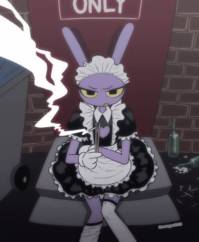 1boy animal_ears apron black_dress brick_wall chopsticks clothing_cutout collar colored_skin colored_teeth commentary crossed_arms door dress empty_bottle english_commentary feet_out_of_frame furry furry_male gloves heart_cutout highres holding holding_chopsticks jax_(the_amazing_digital_circus) long_eyelashes looking_at_viewer maid maid_apron maid_headdress mongye1023 purple_skin rabbit_boy rabbit_ears sitting smoke solo spill stairs the_amazing_digital_circus thighhighs trash_can white_collar white_gloves white_thighhighs yellow_eyes yellow_teeth