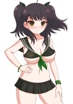 1girl :o absurdres ahoge ascot bikini bikini_top_only black_bikini black_sailor_collar black_skirt blush bracelet breasts brown_eyes brown_hair character_print cleavage commentary english_commentary green_ascot groin hair_ornament hand_on_own_hip helltzujih highres jewelry large_breasts leaf leaf_hair_ornament leaf_on_head linea_alba looking_at_viewer micro_bikini microskirt misato_(senran_kagura) navel parted_lips pleated_skirt pontarou_(senran_kagura) revealing_clothes sailor_collar senran_kagura senran_kagura_new_wave shiny_skin short_twintails skirt solo swimsuit twintails underboob