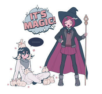 ... 1boy 1girl :d arm_support bird black_cape black_eyes black_pantyhose black_scarf blush_stickers boots brown_boots buttons cape checkered_clothes checkered_scarf closed_mouth commentary_request danganronpa_(series) danganronpa_v3:_killing_harmony double-breasted english_text flipped_hair hair_between_eyes hat highres holding holding_staff looking_at_another milk_o miniskirt oma_kokichi open_mouth pants pantyhose pigeon rabbit red_cape red_hair red_skirt scarf short_hair simple_background sitting skirt smile speech_bubble spoken_ellipsis staff two-sided_cape two-sided_fabric white_background white_pants white_scarf witch_hat yumeno_himiko