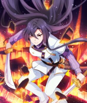 1girl black_hair breasts closed_mouth dual_wielding eyes_visible_through_hair floating_hair game_cg hair_over_one_eye holding holding_sword holding_weapon jacket katana large_breasts leaning_forward long_hair long_sleeves looking_at_viewer official_art origami_yukari pants pinstripe_sleeves purple_sleeves red_eyes serious sheath solo squatting sword third-party_source toji_no_miko toji_no_miko:_kizamishi_issen_no_tomoshibi unsheathed vertical-striped_sleeves weapon white_jacket white_pants
