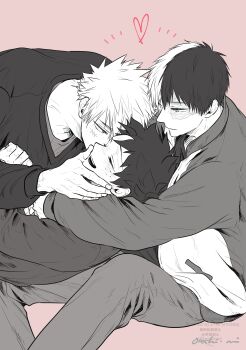 3boys absurdres bakugou_katsuki blue_eyes boku_no_hero_academia burn_scar closed_eyes closed_mouth commentary_request freckles greyscale_with_colored_background happy heart highres male_focus midoriya_izuku multicolored_hair multiple_boys open_mouth oroshi_mi pants pink_background red_pupils scar scar_on_face shirt short_hair signature simple_background smile spiked_hair split-color_hair spot_color teeth todoroki_shoto watermark yaoi
