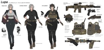 1girl 40mm_grenade aimpoint ammunition ammunition_pouch arm_tattoo backpack bag belt belt_collar bird black_belt black_choker black_gloves black_jacket black_pants black_shoes black_shorts breasts brown_gloves brown_shoes bulletproof_vest camouflage camouflage_belt card card_tattoo chest_harness choker cleavage collar collared_shirt combat_helmet combat_knife commentary commission crye_precision dice dice_tattoo dress_shirt english_commentary fast_helmet fingerless_gloves flower_tattoo fn_scar_17 foregrip full_body girls'_frontline gloves grenade_launcher grey_hair grey_shirt gun hand_on_own_hip handgun harness headset helmet highres holster indie_virtual_youtuber insignia jacket knee_pads knife lapels large_breasts laser_sight load_bearing_vest long_hair long_sleeves lupa_(alcatraz_ch) m4_sopmod_ii_jr m79 magazine_(weapon) maxturbo69 military_operator multiple_views night_vision_device notched_lapels open_clothes open_jacket optical_sight original pants parted_bangs parted_lips peq playing_card pouch radio_antenna reference_sheet shirt shirt_tucked_in shoes shorts skull sleeves_rolled_up smile spade_(shape) spade_tattoo staccato_2011 standing suit_jacket suppressor tactical_clothes tattoo thigh_holster trijicon_rmr variations vertical_foregrip virtual_youtuber walkie-talkie weapon yellow_eyes