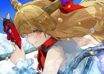 1girl bare_shoulders beans blonde_hair chain commentary_request eneshi from_side highres holding holding_mask horns ibuki_suika long_hair looking_at_viewer mask mountain oni oni_mask outdoors parted_lips shirt sleeveless sleeveless_shirt smile snow solo touhou upper_body white_shirt wrist_cuffs yellow_eyes