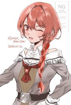 1girl belt braid breasts brown_belt commentary_request dress grey_dress hair_over_shoulder highres kantai_collection long_hair long_sleeves looking_at_viewer mot_zenzai neckerchief nevada_(kancolle) one-hour_drawing_challenge red_eyes red_hair red_neckerchief shirt simple_background single_braid smile solo upper_body white_background white_shirt