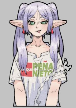 1girl cum earrings elf frieren green_eyes grey_background grey_hair implied_ejaculation jewelry long_hair pantsu-ripper pointy_ears print_shirt shirt simple_background solo sousou_no_frieren tongue tongue_out twintails white_shirt