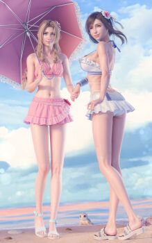 2girls 3d aerith_gainsborough aerith_gainsborough_(pink_mermaid) aqua_eyes armpit_crease ass beach bikini bikini_skirt braid braided_ponytail breasts brown_hair closed_mouth cloud cloudy_sky costa_del_sol day feet final_fantasy final_fantasy_vii final_fantasy_vii_rebirth final_fantasy_vii_remake flower forehead frilled_skirt frills full_body hair_flower hair_ornament highres holding holding_hands holding_umbrella kneepits large_breasts legs long_legs looking_at_viewer multiple_girls navel outdoors parted_bangs pink_bikini red_eyes sandals sidelocks skirt sky small_breasts smile sreliata stomach swimsuit tifa_lockhart tifa_lockhart_(shining_spirit) toenails toes umbrella white_bikini white_sandals