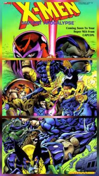 1girl 6+boys absurdres angry apocalypse_(marvel) battle beast_(x-men) capcom claws cyclops_(x-men) epic exodus_(x-men) expressionless gambit gloves glowing glowing_eyes gun helmet highres juggernaut_(x-men) looking_at_another looking_at_viewer magneto marvel mask multiple_boys nintendo nintendo_power official_art open_mouth powering_up psylocke red_eyes red_hair serious staff weapon wolverine_(x-men) x-men