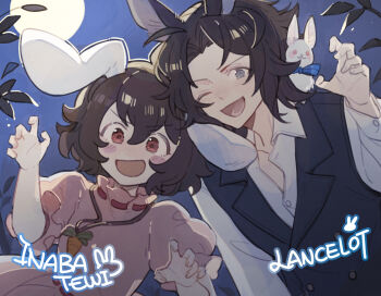 1boy 1girl :d ;d ahoge animal_ears black_hair blue_eyes blue_vest blush carrot character_name claw_pose commentary_request crossover dress granblue_fantasy hand_up hands_up highres inaba_tewi kemonomimi_mode lancelot_(granblue_fantasy) long_hair looking_at_viewer luminous_slime one_eye_closed open_mouth pink_dress rabbit rabbit_boy rabbit_ears rabbit_girl red_eyes shirt short_hair smile touhou upper_body vest white_shirt
