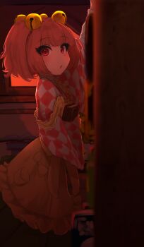 Rule 34 | 1girl, absurdres, apron, bell, blush, book, bookshelf, checkered clothes, commentary, from side, hair bell, hair ornament, highres, holding, holding book, indoors, looking at viewer, motoori kosuzu, open mouth, red eyes, solo, standing, suwa (au swap), touhou, two side up, untranslatable commentary, yellow apron