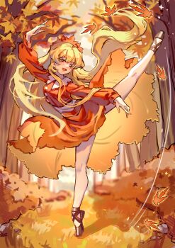 Rule 34 | 1girl, absurdres, aki shizuha, alternate hair length, alternate hairstyle, autumn, autumn leaves, black shoes, blonde hair, breasts, chinese commentary, commentary request, falling leaves, full body, hair ornament, highres, leaf, leaf hair ornament, leg up, long hair, looking at viewer, maple leaf, medium breasts, open mouth, orange eyes, orange shirt, orange skirt, outdoors, shirt, shoes, shouxishao jiuyuan, skirt, smile, solo, tiptoes, touhou, touhou lostword, very long hair