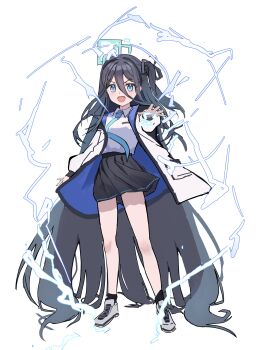 Rule 34 | 1girl, absurdly long hair, absurdres, aqua halo, aris (blue archive), bad id, bad twitter id, black hair, black hairband, black skirt, blue archive, blue eyes, blue necktie, full body, hair between eyes, hairband, halo, highres, iv (iv70311741), jacket, long hair, long hair between eyes, long sleeves, looking at viewer, necktie, one side up, open clothes, open jacket, open mouth, outstretched arm, outstretched hand, pleated skirt, rectangular halo, ringed eyes, school uniform, shoes, skirt, solo, standing, very long hair, white background