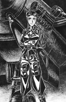 1girl absurdres aircraft airplane arms_behind_back blush boots bordfunker133 cargo_pants collar_tabs collarbone fighter_jet friedrich_rumpelhardt genderswap genderswap_(mtf) greyscale highres jacket leather leather_jacket lipstick long_hair luftwaffe makeup military military_uniform military_vehicle monochrome original pants photo_(medium) real_life rumpelhardt-chan_(bordfunker133) shoulder_boards smile soldier solo waist_belt world_war_ii