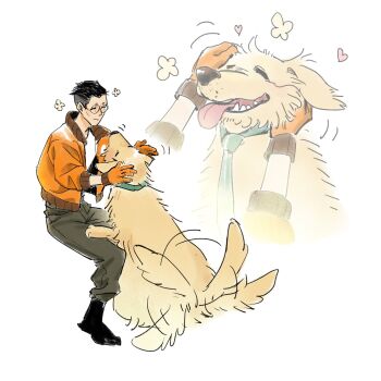 Rule 34 | 1boy, black hair, bomber jacket, buzz cut, disco elysium, dog, full body, glasses, gloves, green necktie, headpat, highres, jacket, kim kitsuragi, male focus, necktie, orange gloves, orange jacket, shirt, short hair, sitting, smile, uni barti, very short hair, white shirt, zooming in