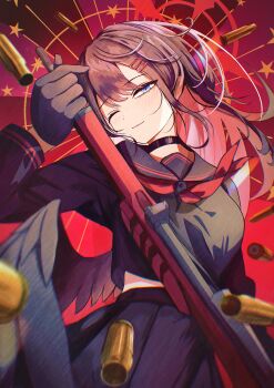 1girl ;) absurdres black_choker black_gloves black_hair black_sailor_collar black_serafuku black_shirt black_skirt black_wings blue_archive choker closed_mouth commentary cowboy_shot eyelashes feathered_wings fighting_stance floating_hair gloves gun hair_between_eyes hair_ornament hairclip hand_up highres himmel_gewalt holding holding_gun holding_weapon ichika_(blue_archive) long_hair long_sleeves low_wings midriff_peek neckerchief one_eye_closed parallel_hairclips pleated_skirt red_background red_neckerchief sailor_collar school_uniform serafuku shell_casing shirt simple_background skirt smile solo tsurime unusually_open_eyes weapon wings