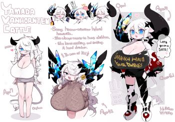 >:) 1girl age_progression animal_ears animal_print aran_sweater asymmetrical_legwear bandage_over_one_eye bandaged_arm bandages beer_can blue_eyes boots breasts broken_horn brown_sweater cable_knit camisole can character_profile choker cleavage clothes_writing cow_ears cow_girl cow_print cow_tail drink_can ear_tag english_text multiple_expressions fang gigantic_breasts grin hair_over_one_eye head_bump heart highres horns huge_breasts huge_horns jacket long_hair mato_tsuyoi messy_hair opal_(gemstone) open_clothes open_jacket oppai_loli original short_hair shortstack skin_fang smile solo sweater tail thighhighs torn_clothes torn_thighhighs v-shaped_eyebrows very_long_hair white_hair yamada_vanhouten_(mato_tsuyoi)