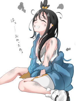 1girl absurdres black_hair blue_hoodie closed_eyes commentary_request cube_hair_ornament dirty dirty_face earclip eyelashes gadenia_(kutinashi0916) grin hair_ornament highres hood hoodie knees leggings lida_(pokemon) long_hair messy_hair nintendo pokemon pokemon_legends:_z-a print_shirt shirt shoes simple_background sitting smile socks solo teeth topknot torn_clothes torn_hoodie torn_leggings torn_socks white_background white_shirt white_shoes white_socks
