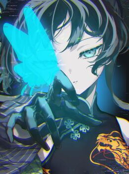 1girl black_dress black_gloves black_hair blue_archive blue_butterfly breasts bug butterfly china_dress chinese_clothes coat commentary_request dragon_print dress gloves grey_eyes insect kagu_(a_hazy_moon) kisaki_(blue_archive) looking_at_viewer print_dress simple_background sleeveless sleeveless_dress small_breasts solo striped_coat