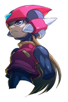 Rule 34 | 1boy, android, armor, black eyes, blonde hair, commentary request, forehead jewel, helmet, hi-go!, highres, long hair, male focus, mega man (series), mega man zero (series), red armor, red helmet, simple background, solo, upper body, white background, zero(z) (mega man), zero (mega man)