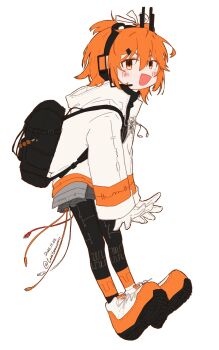1girl a.i._voice adachi_rei backpack bag black_bag black_pantyhose cable from_side full_body gloves highres jacket looking_at_viewer open_mouth orange_eyes orange_hair orange_shoes pantyhose shironeko_(brwc_g20) shoes simple_background smile solo utau white_background white_gloves white_jacket