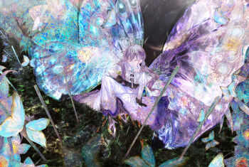 1girl absurdres ahoge arm_support artist_name black_gloves blue_eyes braid bug butterfly butterfly_hair_ornament butterfly_wings collared_dress commentary_request crossed_bangs dress from_above gakuen_idolmaster glitter glitter_dress gloves hair_between_eyes hair_ornament highres idolmaster insect insect_wings kaya_rinha knee_up long_dress looking_at_viewer mole mole_on_neck picture_frame purple_hair rainshower0705 shoes side_braid signature sitting solo twintails white_dress white_shoes wide_shot wings