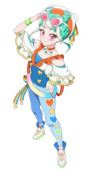 1girl arm_up blue_pants blue_shirt blunt_bangs chimumu choker closed_mouth cone_hair_bun dolldolldd double_bun eyewear_on_head from_above full_body green_hair hair_bun hand_on_own_hip hat highres looking_at_viewer multicolored_hair orange_choker pants pink_eyes pretty_series shirt shoes short_hair sidelocks simple_background smile sneakers solo standing star_(symbol) star_choker streaked_hair sunglasses waccha_primagi! white_background white_hair white_shoes