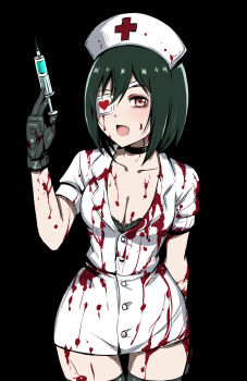 1girl absurdres black_background black_bra black_choker black_gloves blood box_wonderland bra breasts choker collarbone eyepatch fang feet_out_of_frame gloves grey_hair halloween halloween_costume hat highres holding holding_syringe large_breasts love_live! love_live!_nijigasaki_high_school_idol_club low_neckline mifune_shioriko nurse nurse_cap open_mouth red_eyes simple_background solo standing syringe thighhighs underwear