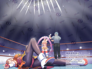 Rule 34 | 2girls, back, blush, boots, breasts, catfight, defeat, elbow gloves, fingerless gloves, fujishima hitomi, gloves, hayato rock, japanese clothes, kanai cuty, kimono, leggings, long hair, medium breasts, multiple girls, obi, orange kimono, pantyhose, pink hair, referee, sash, skirt, unconscious, watermark, wrestle angels, wrestle angels survivor, wrestling, wrestling outfit, wrestling ring