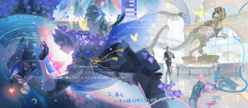 Rule 34 | 1boy, absurdres, black jacket, black pants, blue cape, blue eyes, bug, butterfly, cape, cellphone, closed mouth, commission, dinosaur skeleton, falling petals, flower, gloves, highres, holding, holding phone, incredibly absurdres, insect, jacket, long sleeves, male focus, mihuashi commission, museum, original, pants, petals, phone, profile, purple flower, purple petals, short hair, skeleton, solo, two-sided cape, two-sided fabric, walking, watermark, white hair, yellow butterfly, yuuuzu (jufan)