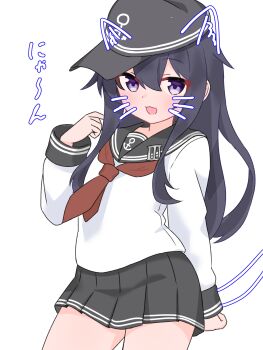 1girl akatsuki_(kancolle) anchor_symbol animal_ears bare_legs black_sailor_collar cat_ears cat_tail commentary_request cowboy_shot extra_ears fake_animal_ears fake_tail flat_cap hat highres kantai_collection long_hair long_sleeves matu_(matu19) neckerchief open_mouth pleated_skirt purple_eyes purple_hair red_neckerchief sailor_collar school_uniform serafuku skirt tail whiskers