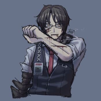 Rule 34 | 1boy, absurdres, arthropod limbs, artist name, bags under eyes, beard stubble, black-framed eyewear, black-framed glasses, black vest, bleeding, blood, blood from mouth, blood on clothes, blood on face, blood stain, brown hair, bruise, cigarette, collared shirt, cropped torso, cuts, facial hair, glasses, gregor (project moon), grey background, hair between eyes, hair over shoulder, half-closed eyes, highres, id card, injury, limbus company, long hair, long sleeves, looking at viewer, low ponytail, male focus, mouth hold, name tag, necktie, parted bangs, parted lips, photoshop (medium), ponytail, project moon, red necktie, scar, scratches, semi-rimless eyewear, shirt, signature, simple background, sketch, sleeves rolled up, smoke, smoking, solo, stubble, under-rim eyewear, upper body, vest, white shirt, yellow eyes