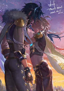 2boys aether_(genshin_impact) ahoge black_gloves blonde_hair blue_hair braid commentary_request covered_face dated fingerless_gloves fur_trim genshin_impact gloves hands_on_another's_face height_difference kaeya_(genshin_impact) long_sleeves looking_at_another male_focus multiple_boys outdoors short_sleeves single_braid sunset thank_you wind yamakawa_umi yaoi yellow_eyes