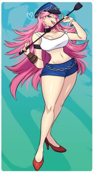 1girl blue_eyes breasts crop_top denim denim_shorts final_fight full_body hair_over_one_eye hat high_heels large_breasts licking licking_weapon long_hair looking_at_viewer midriff missandydandy peaked_cap pink_hair poison_(final_fight) red_nails red_shoes riding_crop shiny_skin shoes short_shorts shorts simple_background solo spiked_hair standing tank_top very_long_hair weapon