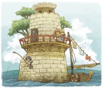 3girls animal_ears bandana blonde_hair blue_hair blue_shirt boat bucket cat_ears cat_girl cat_tail caustics closed_eyes clothesline cloud commentary day dress fishing highres knees_up koki08186863 lifebuoy multiple_girls open_mouth original outdoors red_bandana red_hair sailboat shirt short_sleeves sitting sitting_on_stairs smile stairs striped_clothes striped_shirt swim_ring tail tower tree water watercraft waves white_dress wide_shot