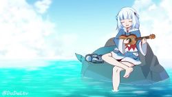 1girl a_(phrase) animated artist_collaboration audible_music audible_speech bare_legs barefoot blue_hair blue_sky blunt_bangs bottle bucket_of_chicken cameo chicken_(food) closed_eyes cloud congratulations crossed_legs day dudul fang feet fins fish_tail food fried_chicken gawr_gura gawr_gura_(1st_costume) hair_ornament hat holding holding_instrument holding_ukulele hololive hololive_english instrument kfp klaius long_hair long_sleeves milestone_celebration multicolored_hair music ninomae_ina'nis ocean on_rock open_mouth outdoors playing_instrument rock shark_fin shark_hair_ornament shark_tail sharp_teeth shoes singing sitting skin_fang sky soaking_feet soles solo sound streaked_hair streamer_audio tail tail_wagging teeth tentacles toes twitter_username two-tone_hair two_side_up ukulele unworn_shoes video virtual_youtuber water watson_amelia white_hair wide_sleeves wine_bottle