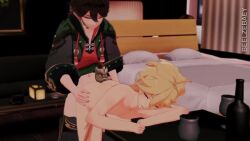 2boys 3d aether_(genshin_impact) anal animated artist_name ass barefoot bed beelzebaey bent_over blonde_hair bottomless completely_nude gaming_(genshin_impact) genshin_impact gumroad_username indoors kiss lying male_focus missionary moaning multicolored_hair multiple_boys multiple_views navel nipples nude on_back on_bed paid_reward_available patreon_username penis pillow red_hair sex sex_from_behind soles sound spread_legs standing standing_sex tagme testicles toes trap trap_on_trap two-tone_hair video yaoi yellow_eyes