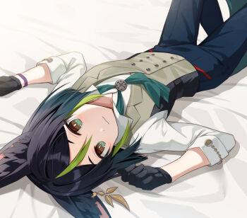 Rule 34 | 1boy, alternate costume, animal ear fluff, animal ears, bed sheet, black gloves, black hair, black pants, bracelet, brown eyes, brown vest, collared shirt, commentary request, fox boy, fox ears, genshin impact, gloves, gradient hair, green eyes, green hair, green necktie, iroiro 0w0, jewelry, long sleeves, looking at viewer, lying, male focus, multicolored eyes, multicolored hair, necktie, on back, on bed, pants, parted bangs, shirt, solo, streaked hair, tighnari (genshin impact), tighnari (m&amp;g) (genshin impact), two-tone eyes, vest, white shirt