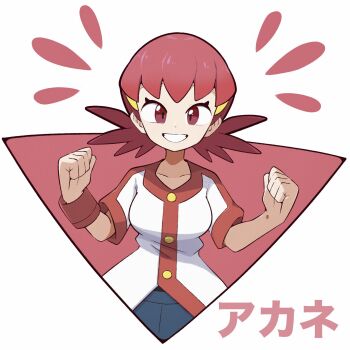 1girl afuron breasts buttons character_name clenched_hands collarbone commentary grin hair_ornament hairclip hands_up highres jacket looking_at_viewer nintendo notice_lines pink_hair pokemon pokemon_hgss red_eyes shorts smile solo teeth white_jacket whitney_(pokemon) wristband